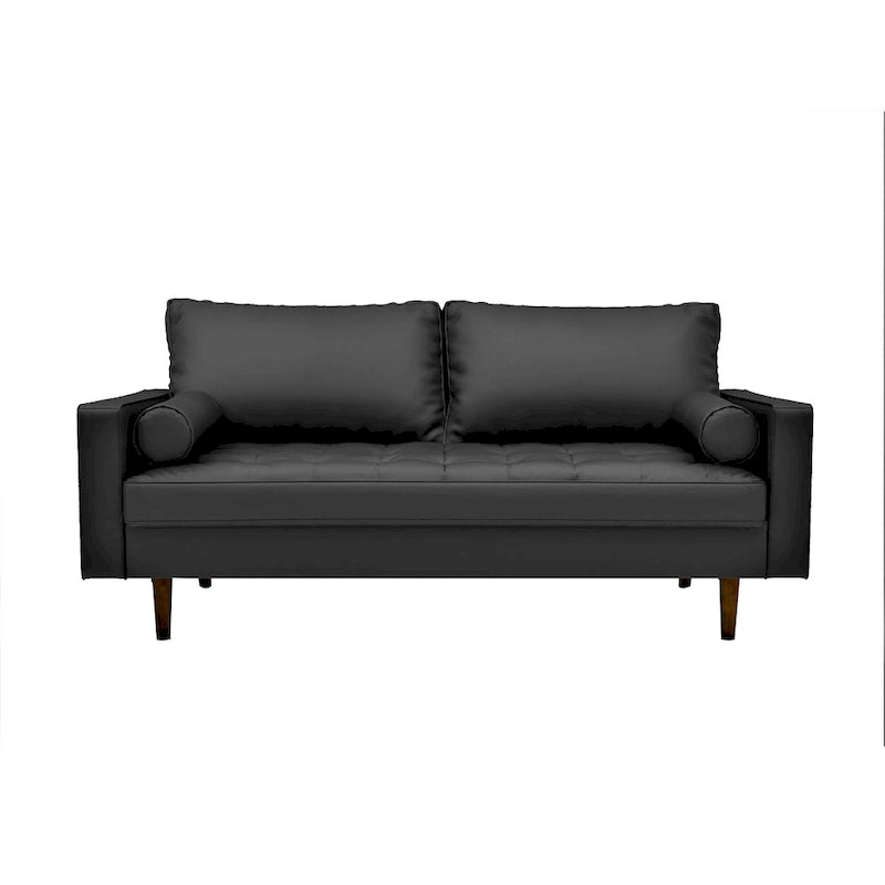 Divano in similpelle stile Mid-Century Modern, 69,68" di larghezza, sedute imbottite con bottoni, braccioli a 3 posti, gambe affusolate, 2 cuscini di supporto, divano per soggiorno
