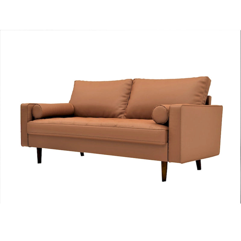 Divano in similpelle stile Mid-Century Modern, 69,68" di larghezza, sedute imbottite con bottoni, braccioli a 3 posti, gambe affusolate, 2 cuscini di supporto, divano per soggiorno