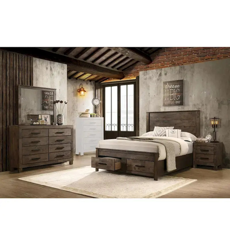 Set da camera da letto California King con piattaforma e contenitore in legno, colore marrone dorato rustico