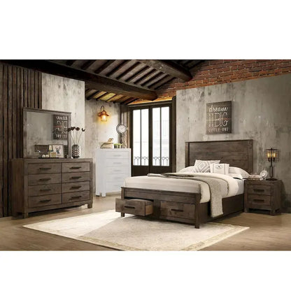 Set da camera da letto California King con piattaforma e contenitore in legno, colore marrone dorato rustico