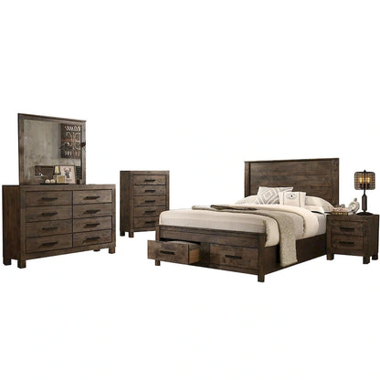 Set da camera da letto California King con piattaforma e contenitore in legno, colore marrone dorato rustico