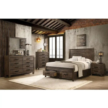 Set da camera da letto California King con piattaforma e contenitore in legno, colore marrone dorato rustico