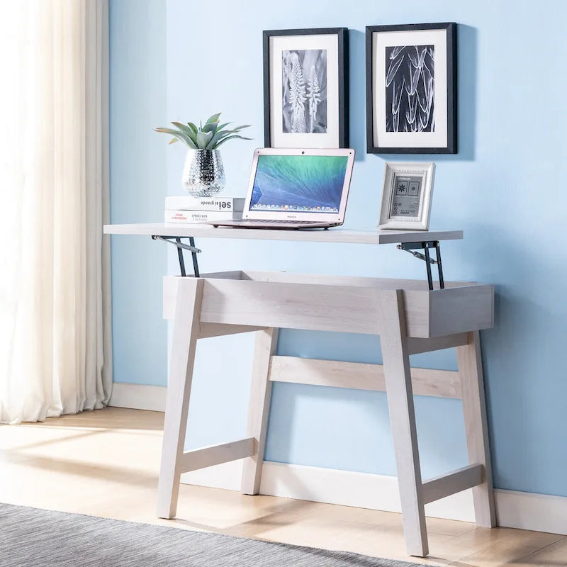 Scrivania moderna da 36" con piano sollevabile, scrivania per ufficio domestico, vassoio regolabile con spazio nascosto, 31"H x 36"W x 20"D, legno anticato, rovere bianco