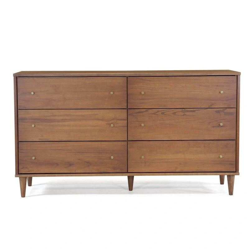 Cassettiera moderna a 6 cassetti in stile Mid-Century, impiallacciatura in legno massello di eucalipto, guide in metallo, maniglie in ottone anticato, cassaforte antiribaltamento a basso contenuto di COV, spazio per riporre gli oggetti in camera da letto