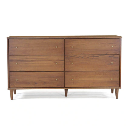 Cassettiera moderna a 6 cassetti in stile Mid-Century, impiallacciatura in legno massello di eucalipto, guide in metallo, maniglie in ottone anticato, cassaforte antiribaltamento a basso contenuto di COV, spazio per riporre gli oggetti in camera da letto