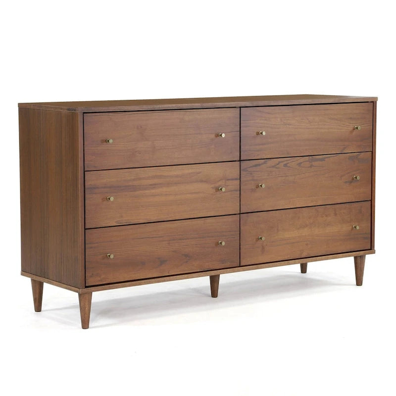Cassettiera moderna a 6 cassetti in stile Mid-Century, impiallacciatura in legno massello di eucalipto, guide in metallo, maniglie in ottone anticato, cassaforte antiribaltamento a basso contenuto di COV, spazio per riporre gli oggetti in camera da letto