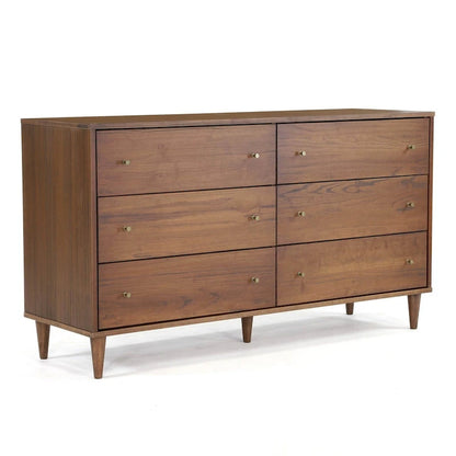 Cassettiera moderna a 6 cassetti in stile Mid-Century, impiallacciatura in legno massello di eucalipto, guide in metallo, maniglie in ottone anticato, cassaforte antiribaltamento a basso contenuto di COV, spazio per riporre gli oggetti in camera da letto