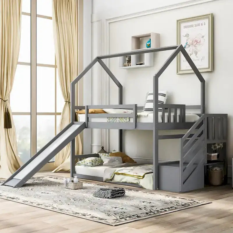 Letto a castello Twin over Twin con scivolo convertibile, scala di stoccaggio posizionabile a sinistra o a destra, grigio