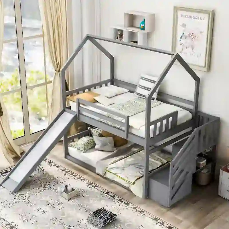 Letto a castello Twin over Twin con scivolo convertibile, scala di stoccaggio posizionabile a sinistra o a destra, grigio