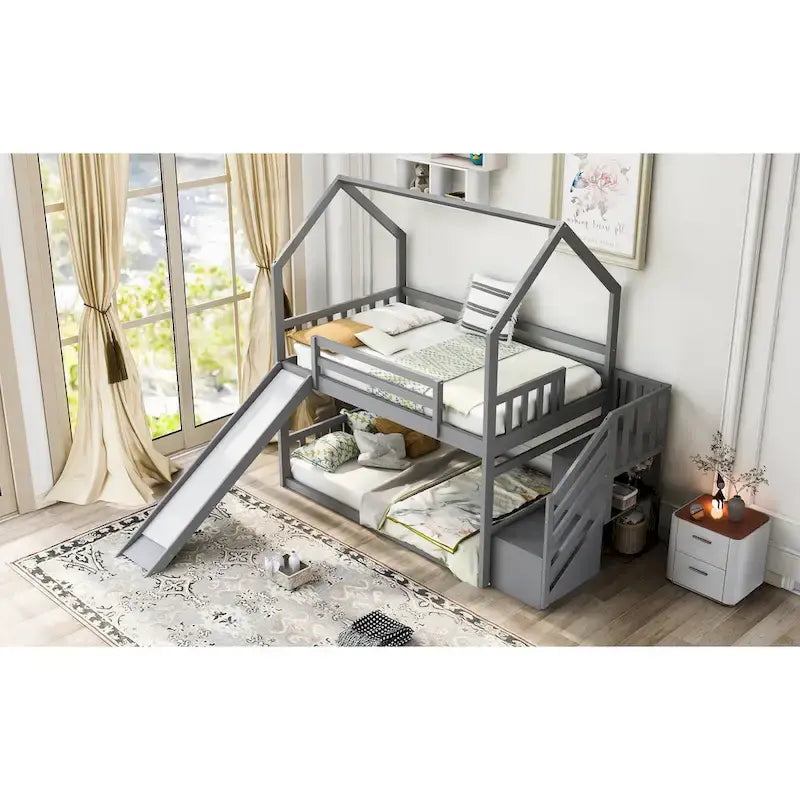 Letto a castello Twin over Twin con scivolo convertibile, scala di stoccaggio posizionabile a sinistra o a destra, grigio