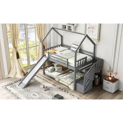 Letto a castello Twin over Twin con scivolo convertibile, scala di stoccaggio posizionabile a sinistra o a destra, grigio