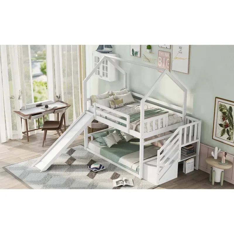 Letto a castello Twin over Twin con scivolo convertibile, scala di stoccaggio posizionabile a sinistra o a destra, grigio