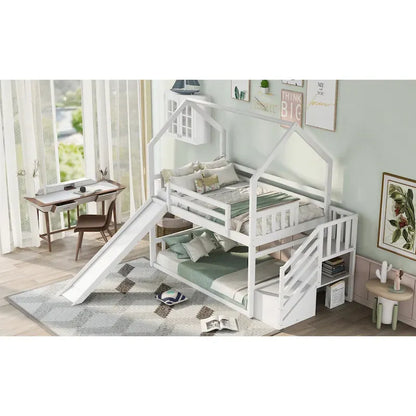 Letto a castello Twin over Twin con scivolo convertibile, scala di stoccaggio posizionabile a sinistra o a destra, grigio