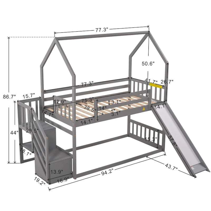 Letto a castello Twin over Twin con scivolo convertibile, scala di stoccaggio posizionabile a sinistra o a destra, grigio