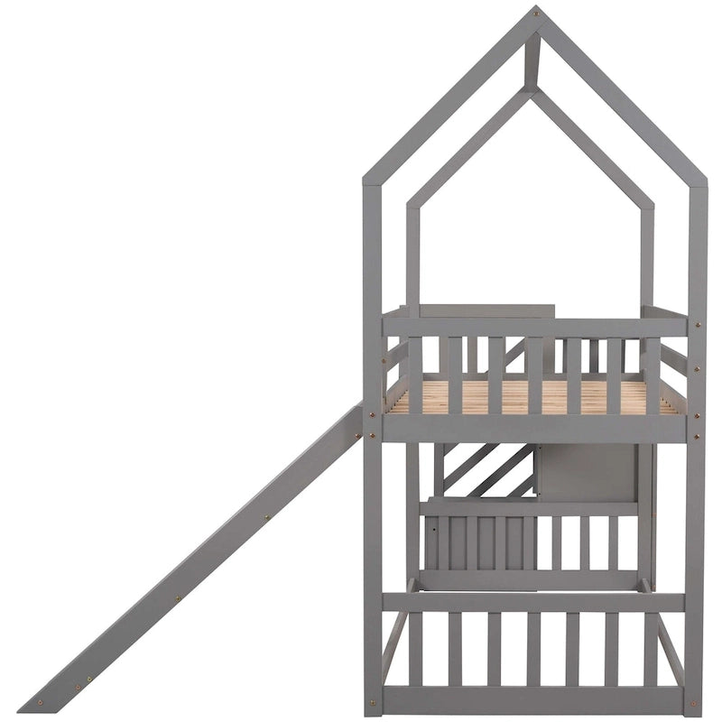 Letto a castello Twin over Twin con scivolo convertibile, scala di stoccaggio posizionabile a sinistra o a destra, grigio
