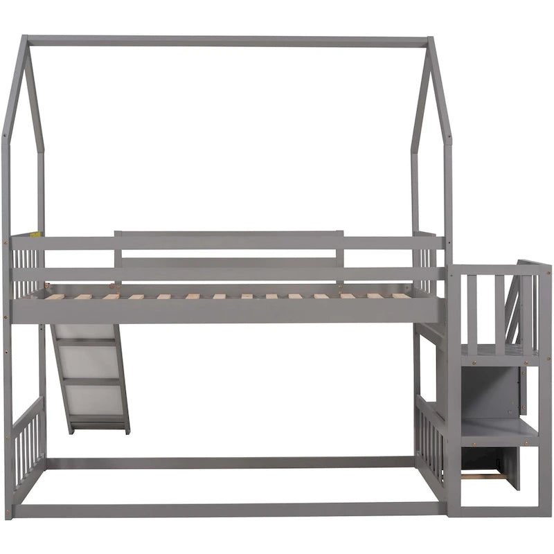 Letto a castello Twin over Twin con scivolo convertibile, scala di stoccaggio posizionabile a sinistra o a destra, grigio