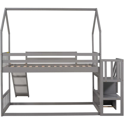 Letto a castello Twin over Twin con scivolo convertibile, scala di stoccaggio posizionabile a sinistra o a destra, grigio