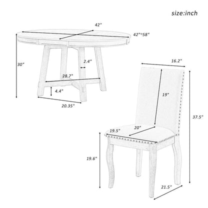 Set da pranzo in stile fattoria da 5 pezzi, tavolo da pranzo rotondo in legno allungabile e 4 sedie da pranzo imbottite