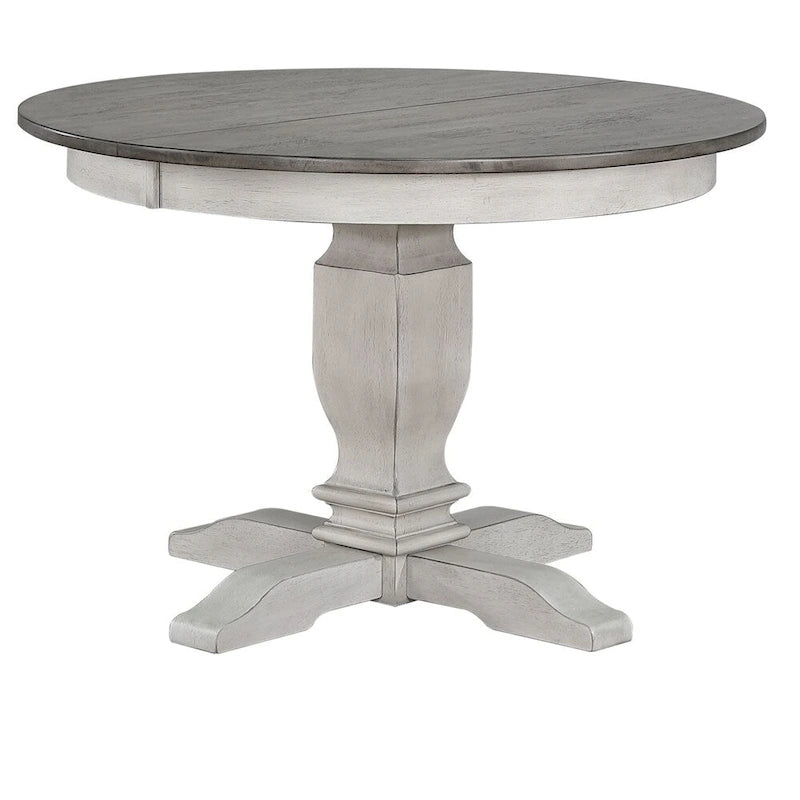 Set da pranzo da 7 pezzi, tavolo rotondo con piedistallo da 18", 6 sedie con schienale a pioli, mobili da cucina rustici bicolore, in legno di caucciù, bianco tempestoso, grigio cenere