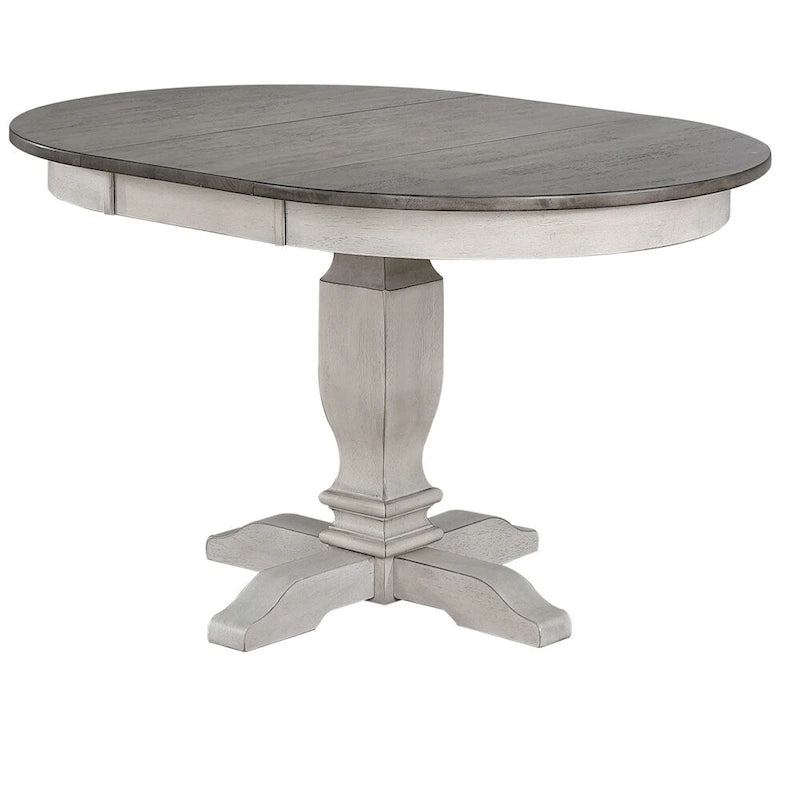 Set da pranzo da 7 pezzi, tavolo rotondo con piedistallo da 18", 6 sedie con schienale a pioli, mobili da cucina rustici bicolore, in legno di caucciù, bianco tempestoso, grigio cenere