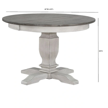 Set da pranzo da 7 pezzi, tavolo rotondo con piedistallo da 18", 6 sedie con schienale a pioli, mobili da cucina rustici bicolore, in legno di caucciù, bianco tempestoso, grigio cenere
