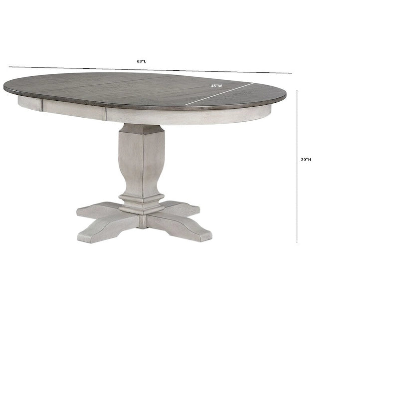 Set da pranzo da 7 pezzi, tavolo rotondo con piedistallo da 18", 6 sedie con schienale a pioli, mobili da cucina rustici bicolore, in legno di caucciù, bianco tempestoso, grigio cenere
