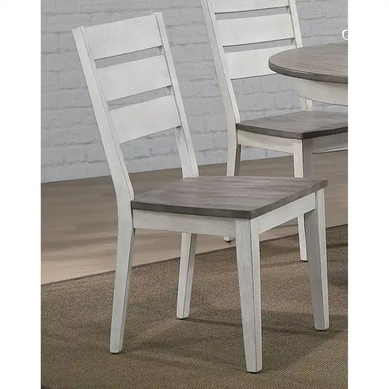 Set da pranzo da 7 pezzi, tavolo rotondo con piedistallo da 18", 6 sedie con schienale a pioli, mobili da cucina rustici bicolore, in legno di caucciù, bianco tempestoso, grigio cenere