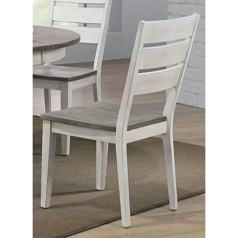 Set da pranzo da 7 pezzi, tavolo rotondo con piedistallo da 18", 6 sedie con schienale a pioli, mobili da cucina rustici bicolore, in legno di caucciù, bianco tempestoso, grigio cenere