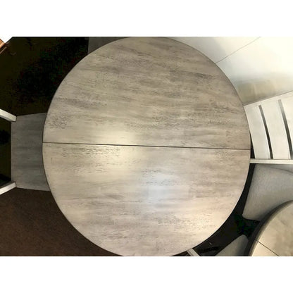 Set da pranzo da 7 pezzi, tavolo rotondo con piedistallo da 18", 6 sedie con schienale a pioli, mobili da cucina rustici bicolore, in legno di caucciù, bianco tempestoso, grigio cenere
