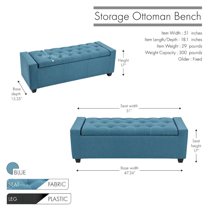 Panca contenitore con poggiapiedi da 51" in tessuto trapuntato con bottoni, coperchio ribaltabile, capacità di 300 libbre, seduta in schiuma, altezza 17" per soggiorno, camera da letto, pouf