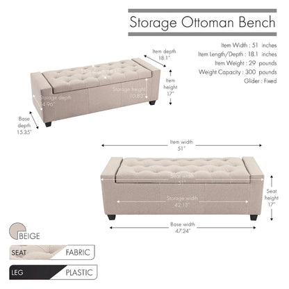 Panca contenitore con poggiapiedi da 51" in tessuto trapuntato con bottoni, coperchio ribaltabile, capacità di 300 libbre, seduta in schiuma, altezza 17" per soggiorno, camera da letto, pouf