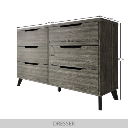 Cassettiera in legno a 6 cassetti, 147 cm di lunghezza, guide in metallo massello, gambe affusolate, maniglie ritagliate, mobili contenitori per camera da letto, grigio chiaro e grigio scuro