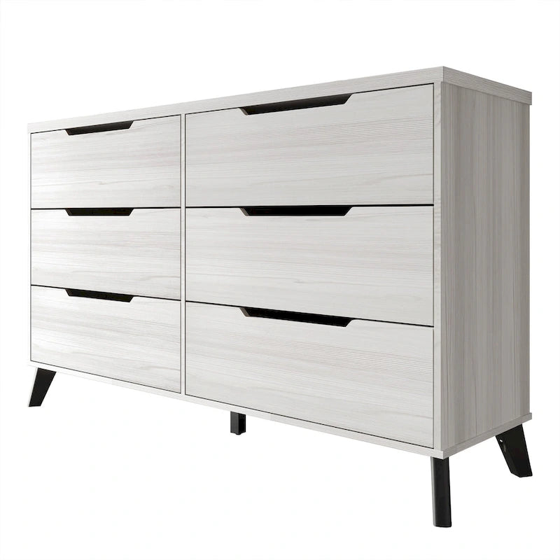 Cassettiera in legno a 6 cassetti, 147 cm di lunghezza, guide in metallo massello, gambe affusolate, maniglie ritagliate, mobili contenitori per camera da letto, grigio chiaro e grigio scuro