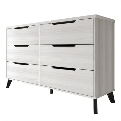 Cassettiera in legno a 6 cassetti, 147 cm di lunghezza, guide in metallo massello, gambe affusolate, maniglie ritagliate, mobili contenitori per camera da letto, grigio chiaro e grigio scuro