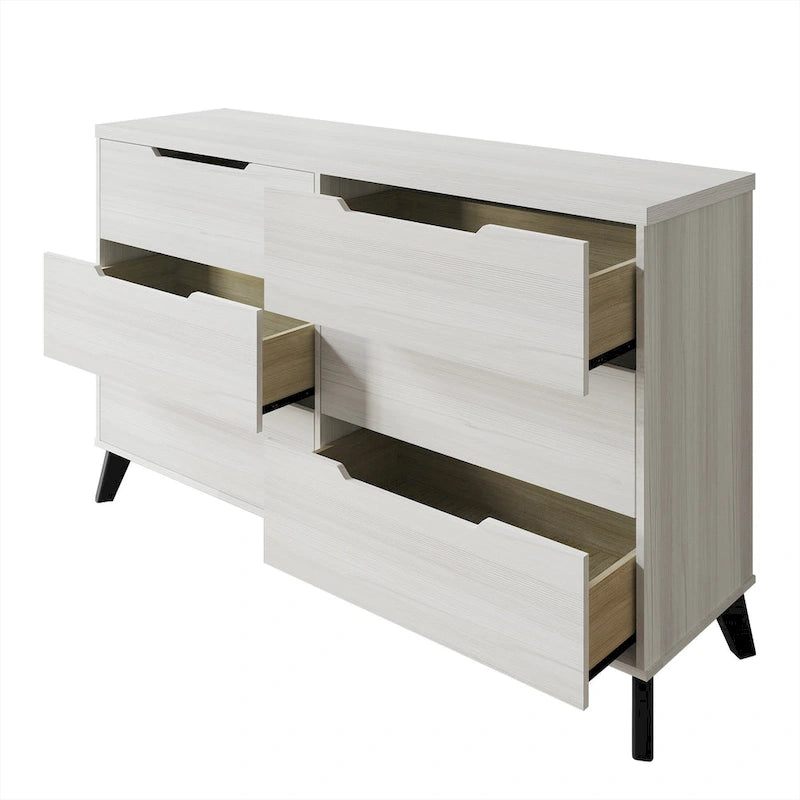 Cassettiera in legno a 6 cassetti, 147 cm di lunghezza, guide in metallo massello, gambe affusolate, maniglie ritagliate, mobili contenitori per camera da letto, grigio chiaro e grigio scuro