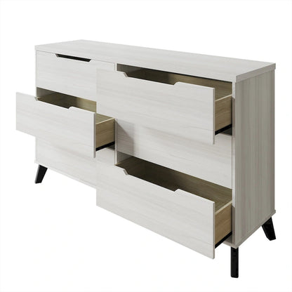 Cassettiera in legno a 6 cassetti, 147 cm di lunghezza, guide in metallo massello, gambe affusolate, maniglie ritagliate, mobili contenitori per camera da letto, grigio chiaro e grigio scuro