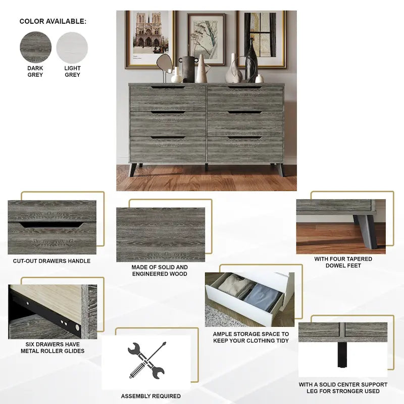 Cassettiera in legno a 6 cassetti, 147 cm di lunghezza, guide in metallo massello, gambe affusolate, maniglie ritagliate, mobili contenitori per camera da letto, grigio chiaro e grigio scuro