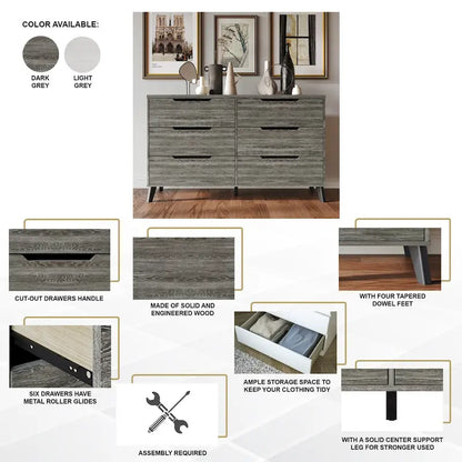 Cassettiera in legno a 6 cassetti, 147 cm di lunghezza, guide in metallo massello, gambe affusolate, maniglie ritagliate, mobili contenitori per camera da letto, grigio chiaro e grigio scuro