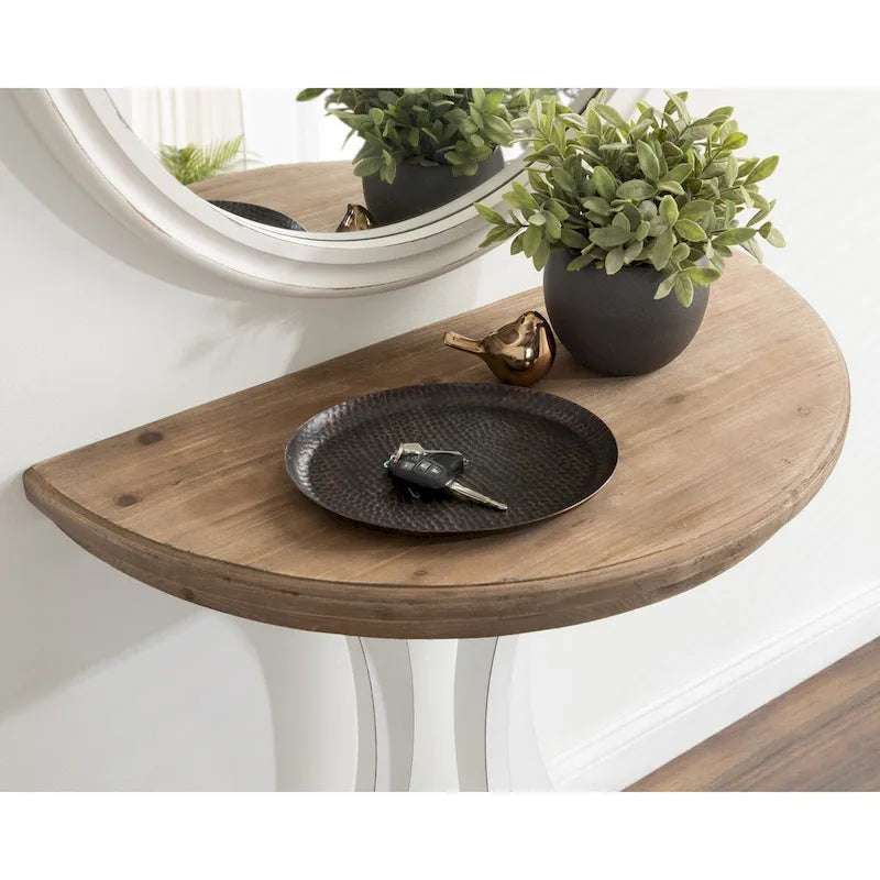 Tavolo consolle semicircolare in legno a mezzaluna con piano rustico anticato a mano e gambe a cavalletto - 30x15x31 pollici