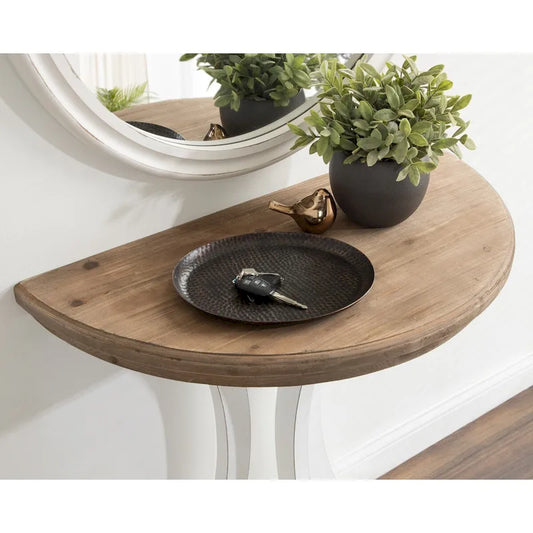 Tavolo consolle semicircolare in legno a mezzaluna con piano rustico anticato a mano e gambe a cavalletto - 30x15x31 pollici