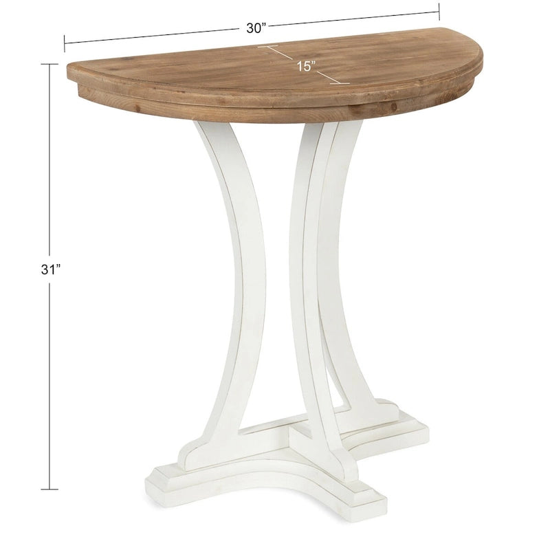 Tavolo consolle semicircolare in legno a mezzaluna con piano rustico anticato a mano e gambe a cavalletto - 30x15x31 pollici