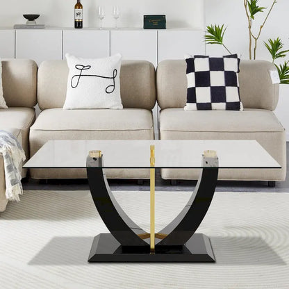 Tavolino da caffè rettangolare moderno ed elegante con piano in vetro e base in legno