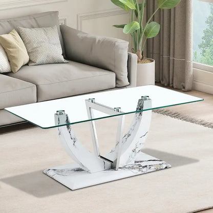 Tavolino da caffè rettangolare moderno ed elegante con piano in vetro e base in legno