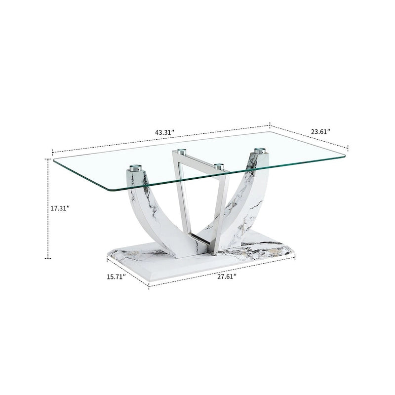 Tavolino da caffè rettangolare moderno ed elegante con piano in vetro e base in legno