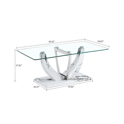 Tavolino da caffè rettangolare moderno ed elegante con piano in vetro e base in legno