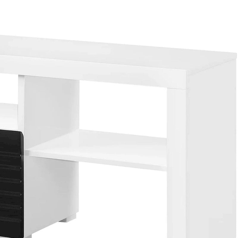 Console centrale per TV da 75" in bianco lucido, 2 cassetti, ripiani aperti per TV fino a 80", guide con cuscinetti a sfera, moderno supporto multimediale