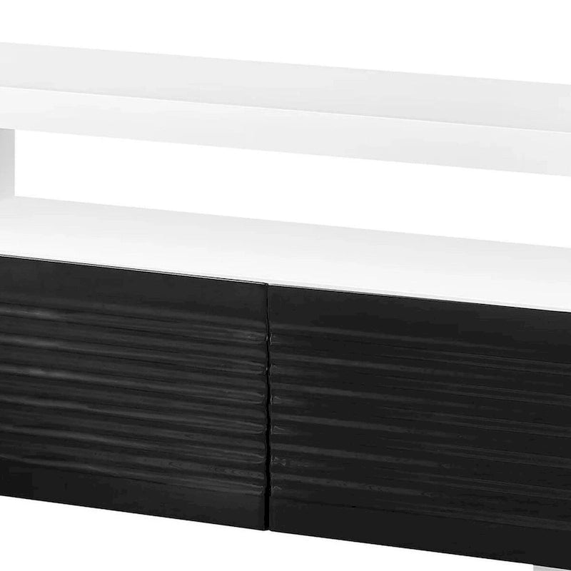 Console centrale per TV da 75" in bianco lucido, 2 cassetti, ripiani aperti per TV fino a 80", guide con cuscinetti a sfera, moderno supporto multimediale