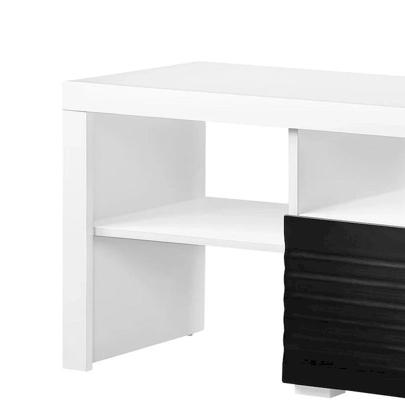 Console centrale per TV da 75" in bianco lucido, 2 cassetti, ripiani aperti per TV fino a 80", guide con cuscinetti a sfera, moderno supporto multimediale