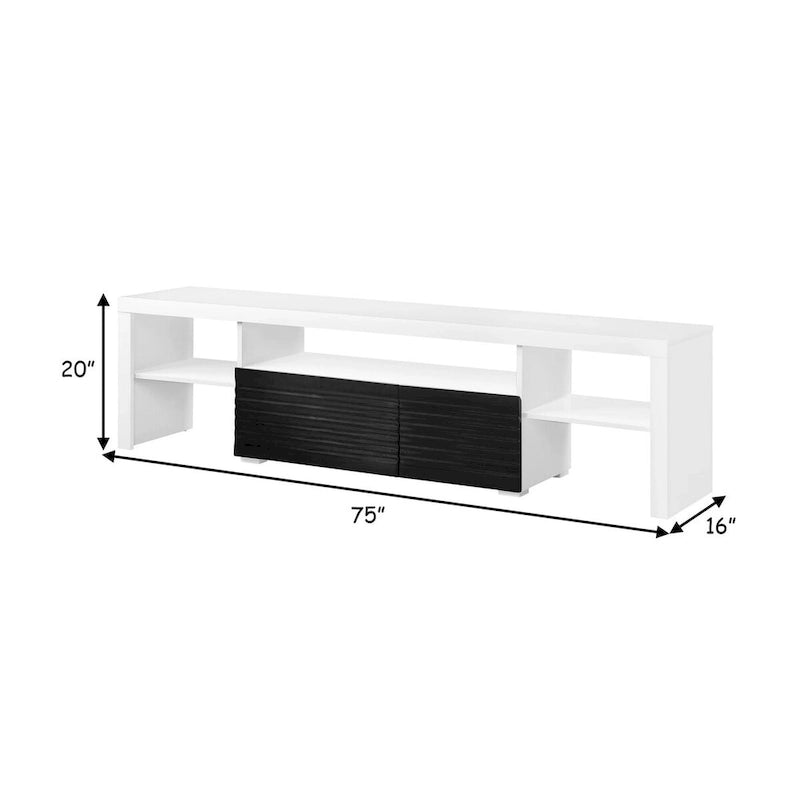 Console centrale per TV da 75" in bianco lucido, 2 cassetti, ripiani aperti per TV fino a 80", guide con cuscinetti a sfera, moderno supporto multimediale
