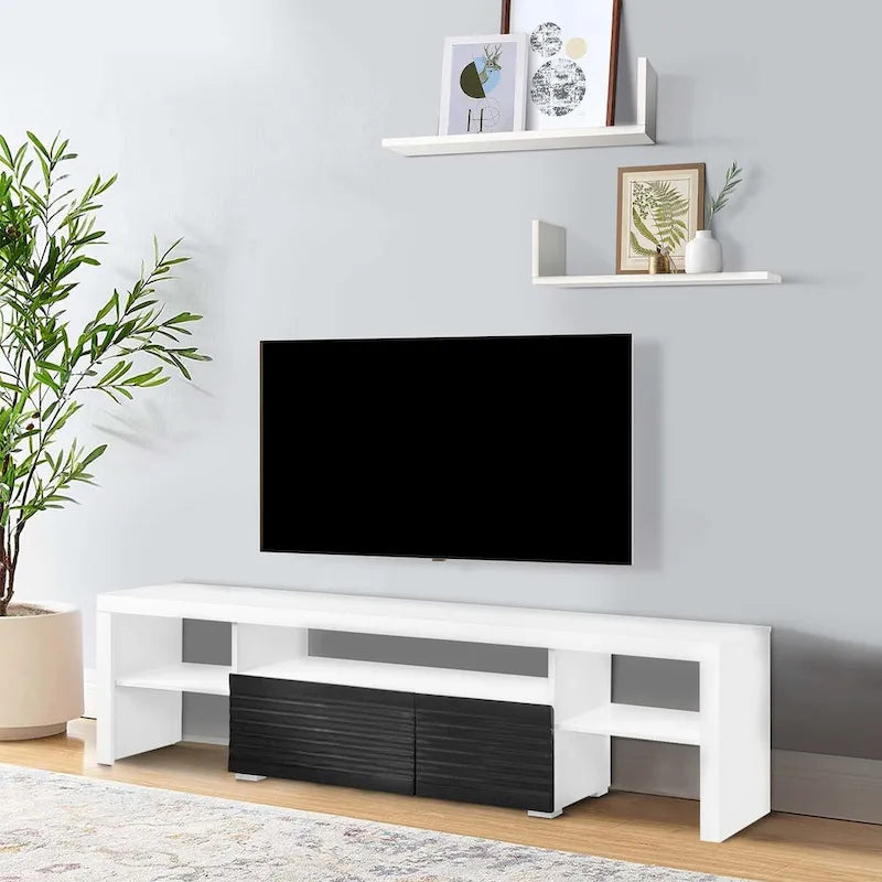Console centrale per TV da 75" in bianco lucido, 2 cassetti, ripiani aperti per TV fino a 80", guide con cuscinetti a sfera, moderno supporto multimediale